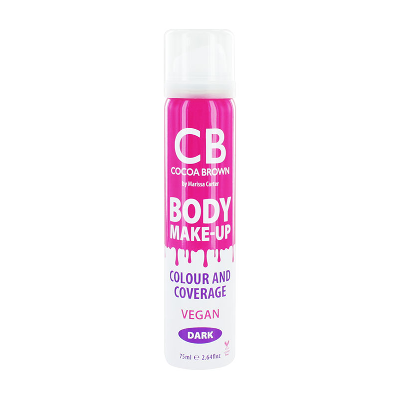 Cocoa Brown Body Makeup in a 75ml spray bottle, featuring a vibrant pink and white label with "CB" logo, labeled as "DARK" and "VEGAN" with a glossy finish.