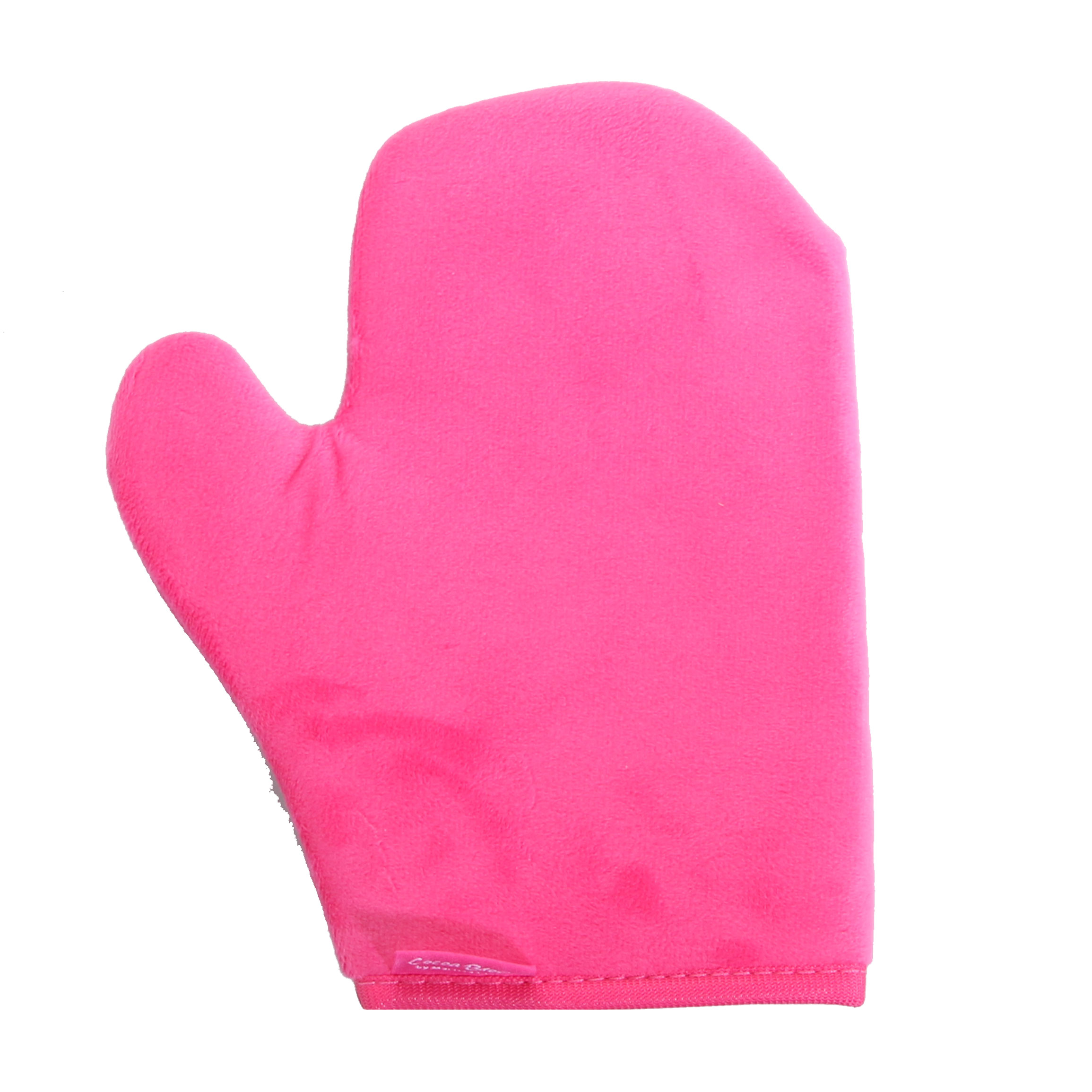 Cocoa Brown tanning thumb mitt in vibrant pink, made of soft velvet material, featuring a thumb pocket for easy application.