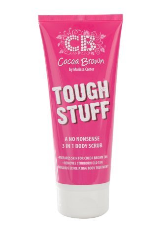 Bright pink tube of Cocoa Brown Tough Stuff body scrub, 200ml, featuring bold white text and a logo, designed for exfoliating and preparing skin for tanning.
