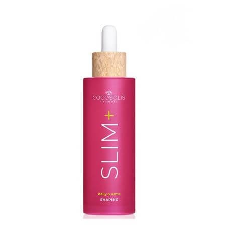 Bright pink bottle with a wooden cap, labeled "SLIM+" for belly and arms shaping serum, featuring a blood orange aroma, 100 ml size by COCOSOLIS.