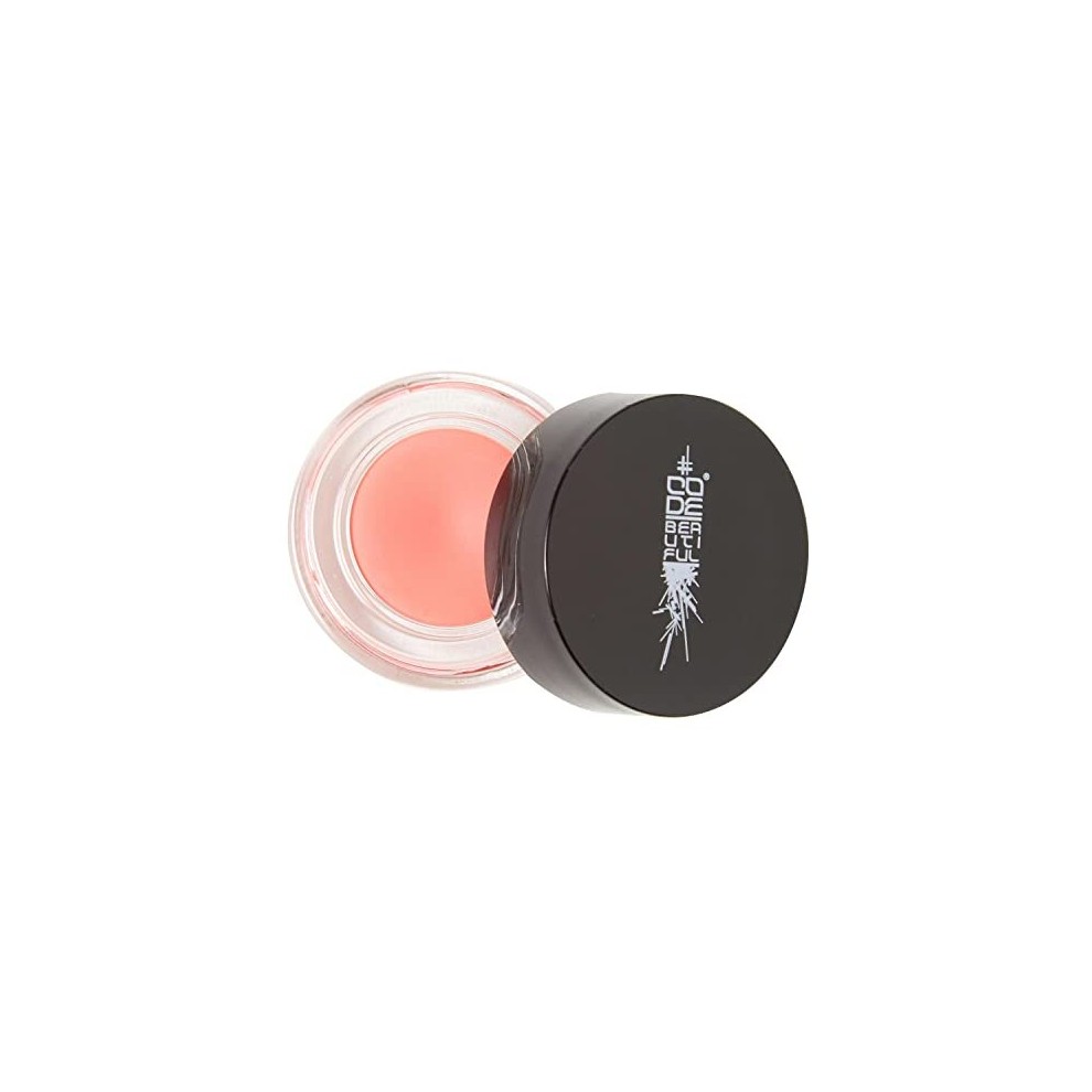 Peach-colored cream blush in a clear jar with a black lid, labeled "CODE Beautiful," designed for lips and cheeks, vegan and cruelty-free.