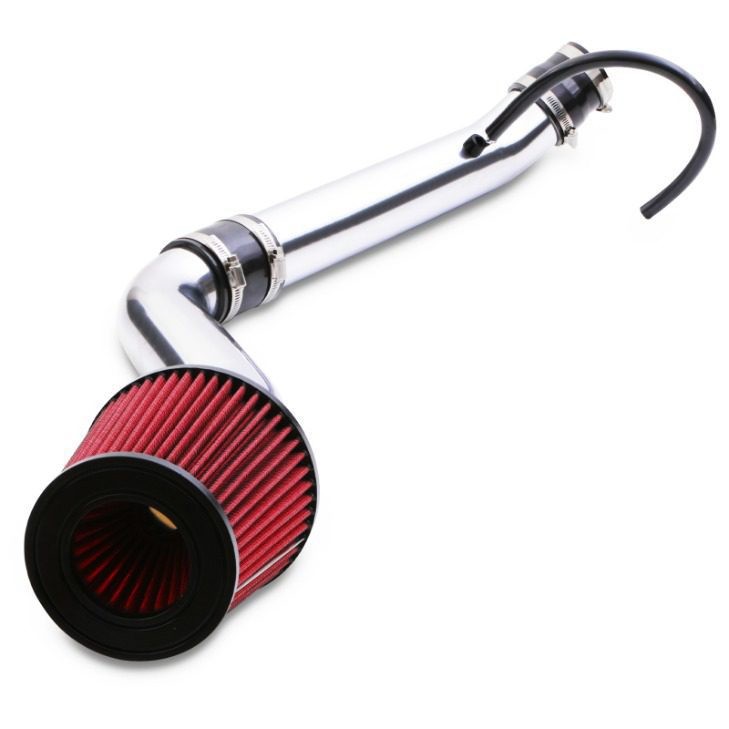 Cold air induction kit featuring a polished silver metal intake pipe and a red conical air filter, designed for Honda Civic models EK, EJ, and EM from 1996 to 1998.
