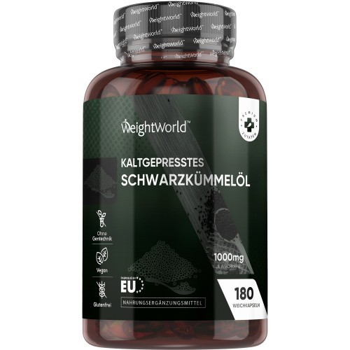 Cold pressed black cumin seed oil capsules in a dark green bottle, featuring a black label with white text, containing 180 softgels, each 1000mg, marked vegan and gluten-free.