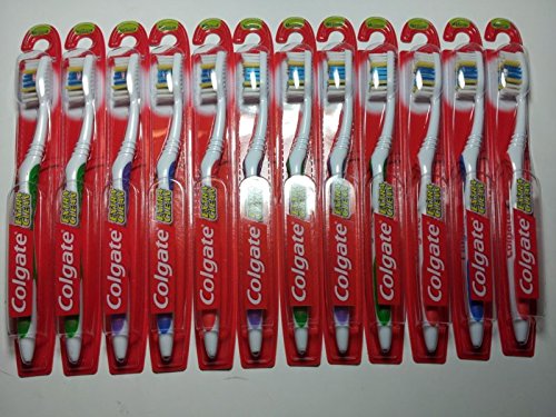 Colgate Extra Clean Toothbrushes in colorful packaging, featuring a white handle and multi-colored bristles, arranged in a row with red branding.