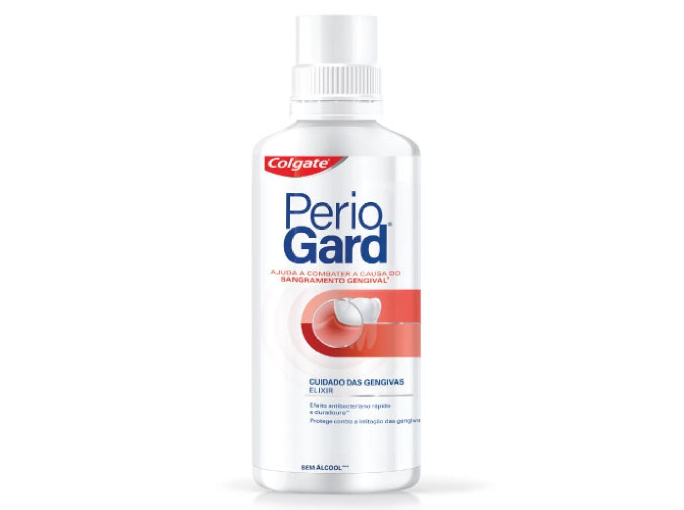 Colgate Periogard Elixir in a 300ml clear plastic bottle, featuring a white cap, red and blue branding, and a label highlighting gum care benefits.
