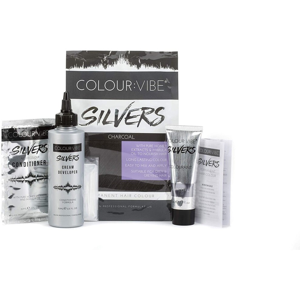 Permanent hair colour kit featuring Colour Vibe Silvers in Charcoal, including a developer, conditioner, and application tools, all in sleek packaging with a modern design.