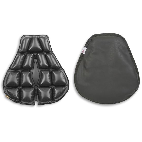 Black ComfortAir Motorcycle Seat Cushion featuring a gel-filled design with a textured surface for comfort, and a smooth, durable backing for easy attachment.
