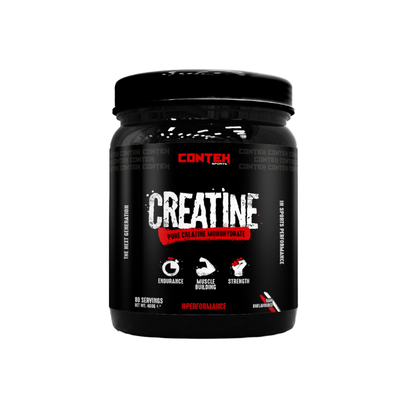 Black container with a screw-top lid, labeled "Conteh Sports Creatine" in bold white text, featuring details on endurance, muscle building, and strength, with a net weight of 400g.