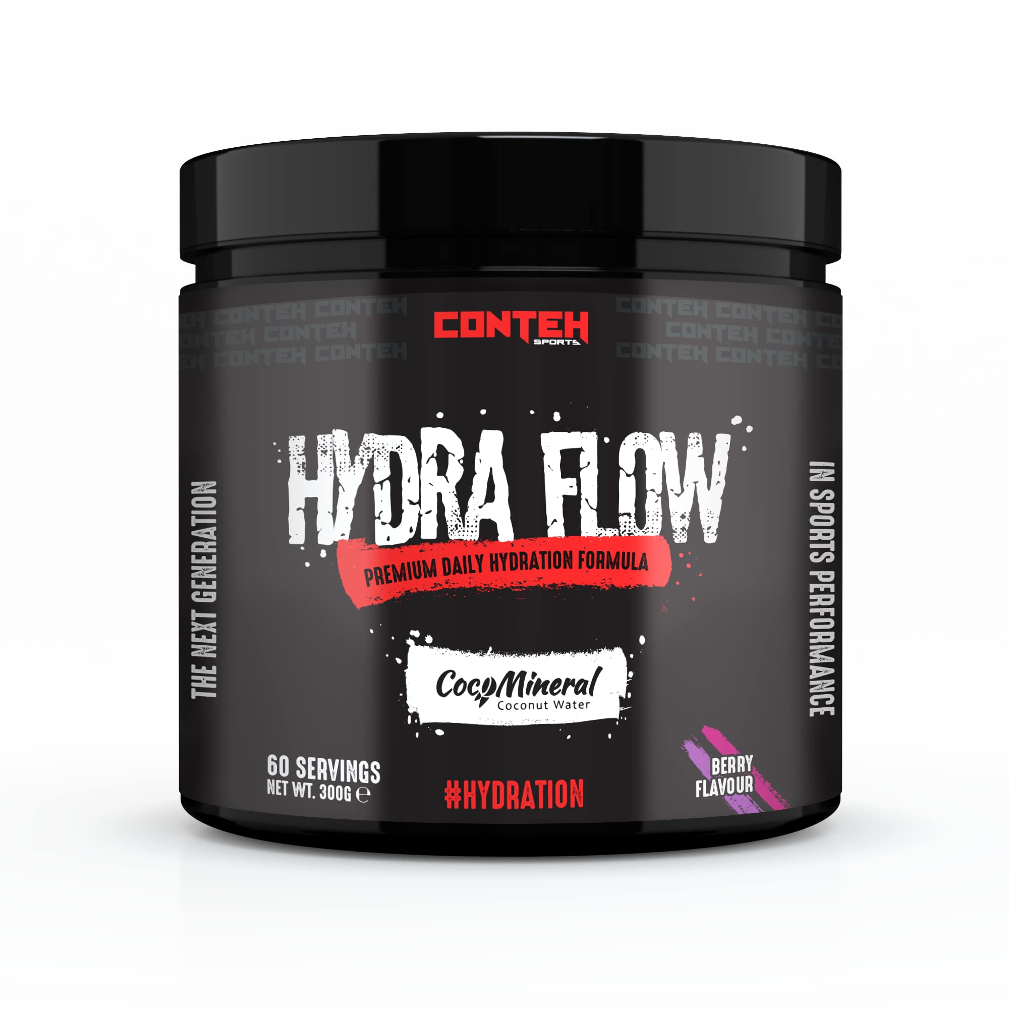 Black container with a screw-top lid, labeled "HYDRA FLOW" in bold white text, featuring berry flavor details and "300g" weight, designed for daily hydration with 60 servings.