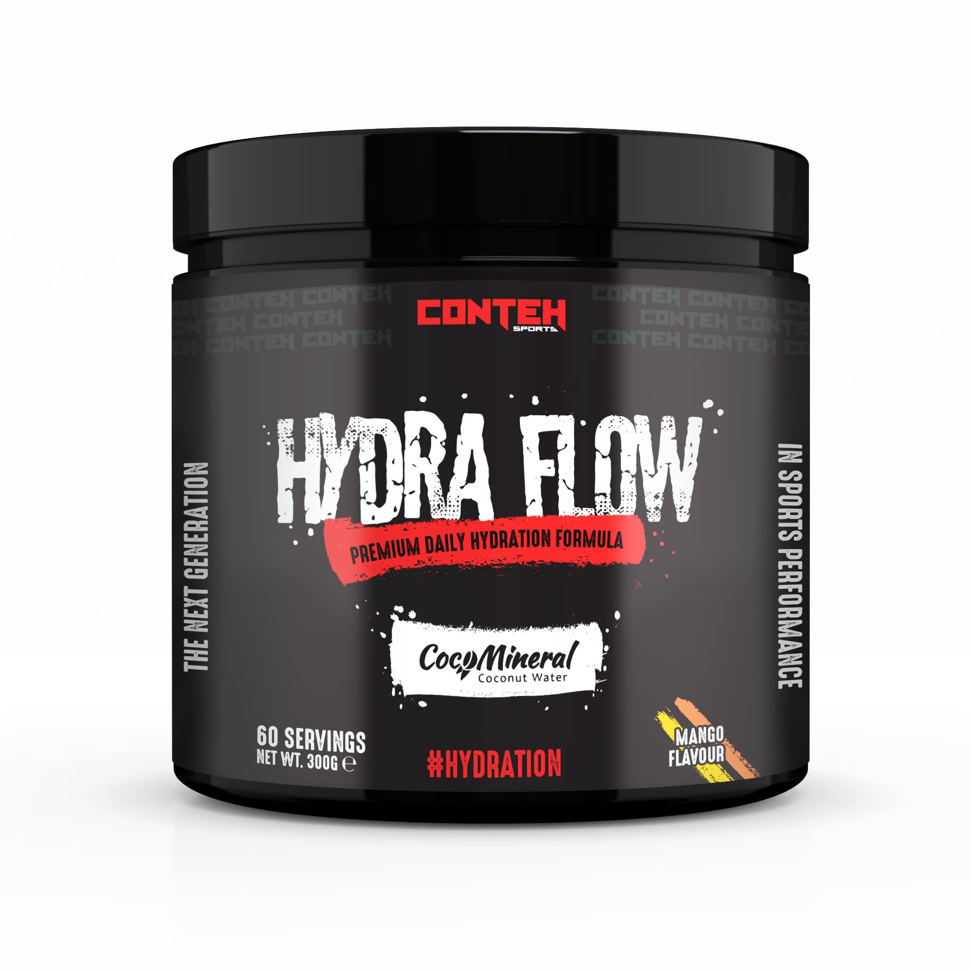 Black container with a screw-on lid, labeled "HYDRA FLOW" in bold white letters, featuring a mango flavor and details about daily hydration, with a net weight of 300g.