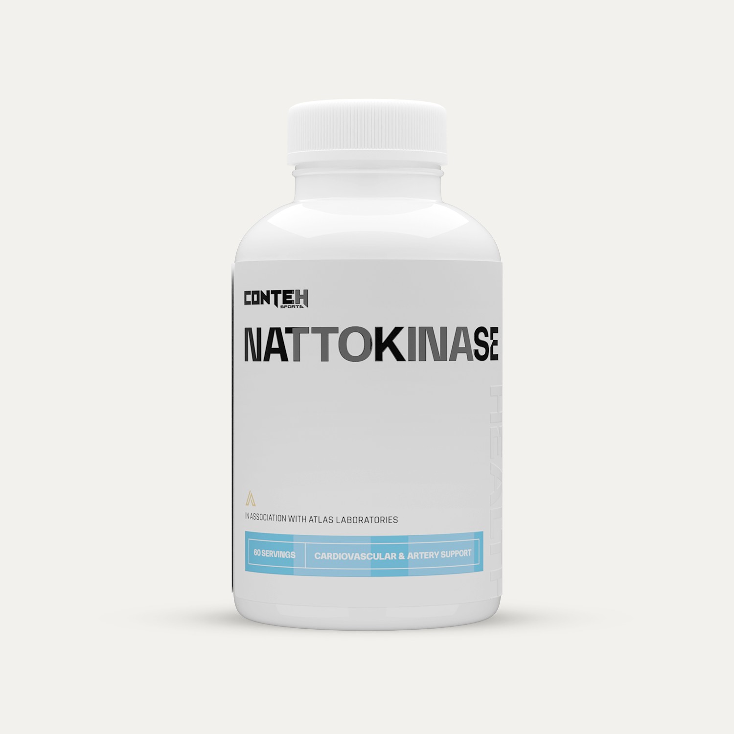 White bottle with a white cap, labeled "NATTOKINASE" in bold black letters, featuring a blue stripe and text indicating "60 Caps" and "Cardiovascular & artery support."