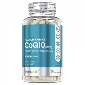 Clear plastic bottle containing 120 vegan capsules of WeightWorld CoQ10 Supplement, labeled with blue and white text, featuring a silver cap and a prominent "Maximum Potency" badge.