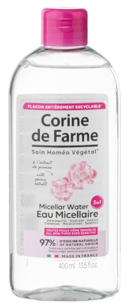 Clear plastic bottle of Corine De Farme 3-in-1 Micellar Water, 400 ml, featuring a pink cap, floral design, and text highlighting natural ingredients and recyclability.