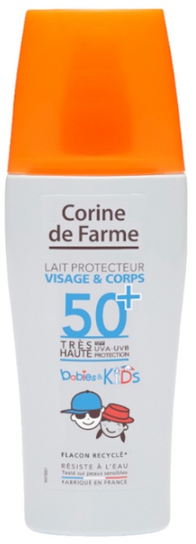 White bottle with an orange cap, labeled "Corine de Farme Lait Protecteur Visage & Corps Babies & Kids SPF50+", featuring cartoon children illustrations and eco-friendly notes.