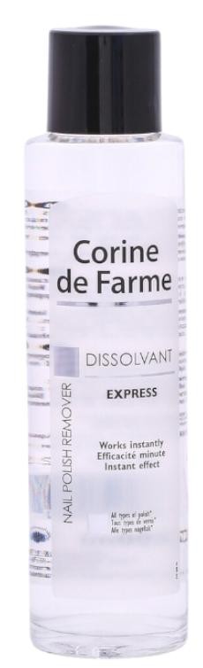 Clear plastic bottle of Corine De Farme Disolvant Express Nail Polish Remover, 200ml, featuring a minimalist label with black text on a white background.