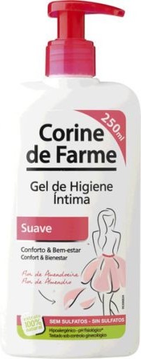 Corine De Farme Intima Gel Higiene Intima in a 250ml white bottle with a pink pump, featuring a minimalist design and a drawing of a woman in a pink dress.