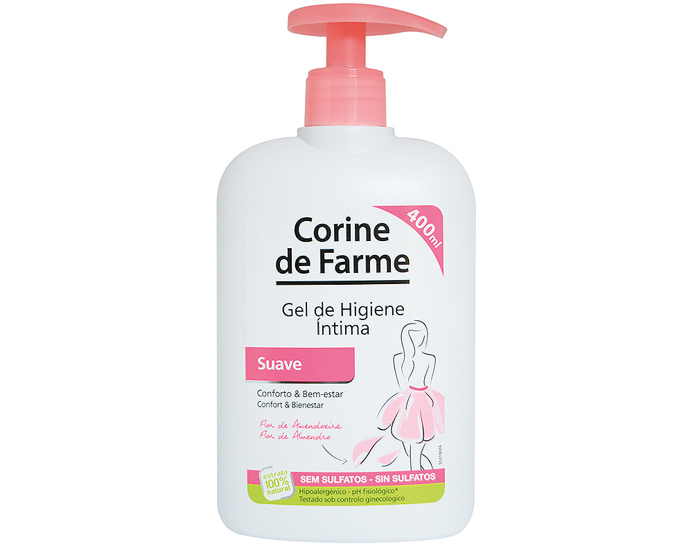 White plastic bottle with a pink pump top, labeled "Corine de Farme Gel de Higiene Íntima Suave 400ml," featuring a pink graphic of a woman in a dress.