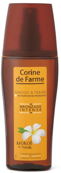 Brown plastic bottle with an orange label featuring the text "Corine de Farme" and "Bronzage Intense," adorned with a white flower, containing 150 ml of tanning accelerator oil.