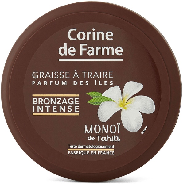 Brown circular container with a white flower design, labeled "Corine de Farme Graisse à Traire Parfum des Îles," indicating intense bronzing with Monoi de Tahiti, 150 ml.