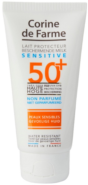 White tube with orange and blue accents, labeled "Corine de Farme Crema Protectora Rostro & Cuerpo Sensitive SPF50+" for sensitive skin, 50 ml, with water-resistant and fragrance-free features.