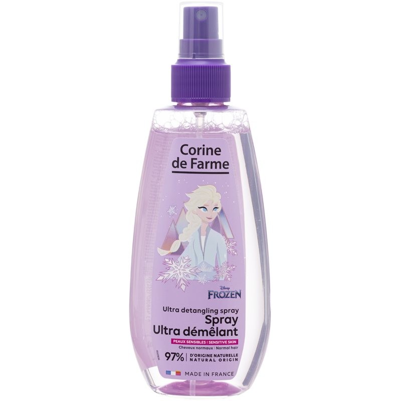 Purple plastic spray bottle featuring a Disney Frozen design with a character illustration, labeled "Corine De Farme Detangling Spray," 200 ml, with 97% natural origin ingredients.