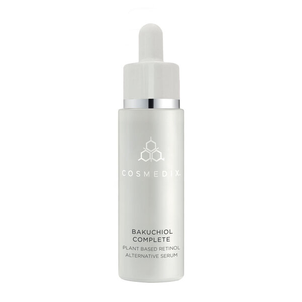 Clear glass dropper bottle with a white and silver cap, featuring the text "COSMEDIX BAKUCHIOL COMPLETE PLANT BASED RETINOL ALTERNATIVE SERUM" in elegant font.