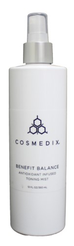 White spray bottle with a silver pump, labeled "Cosmedix Benefit Balance Antioxidant Infused Toning Mist," featuring a minimalist design and a blue logo, 360ml/12oz size.