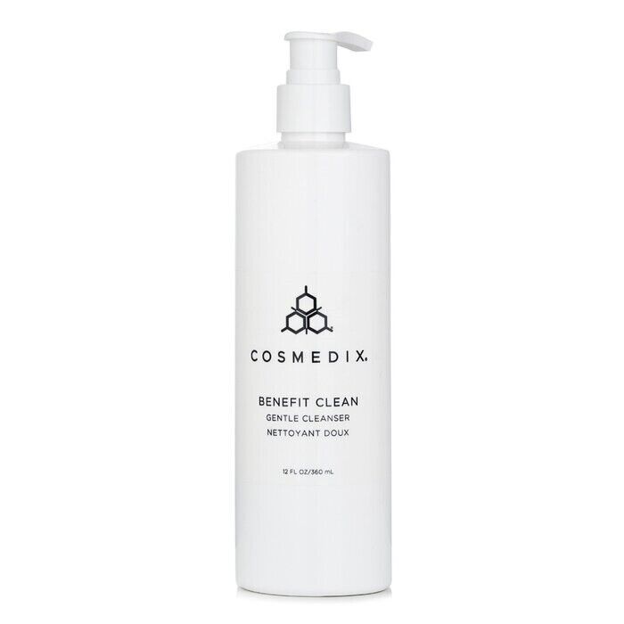White bottle with a pump top, labeled "COSMEDIX BENEFIT CLEAN GENTLE CLEANSER," featuring a minimalist design and 360 ml capacity.