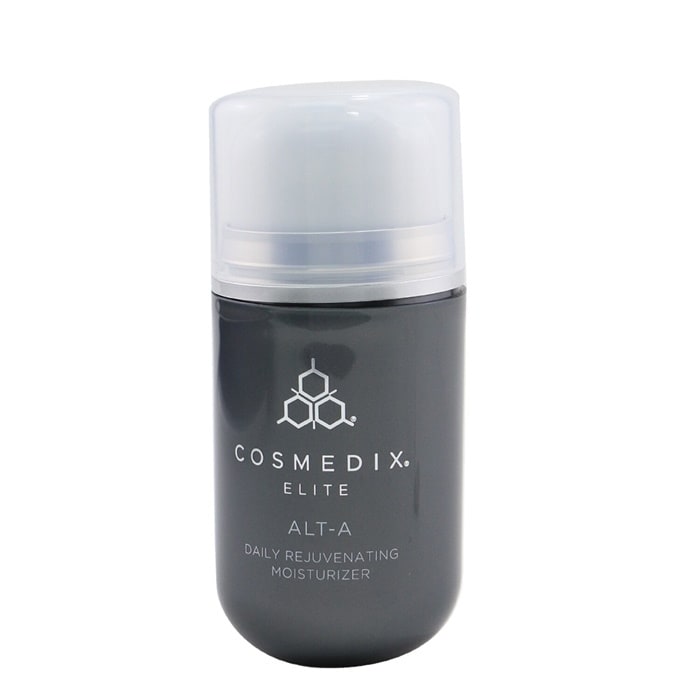 CosMedix Elite ALT-a Daily Rejuvenating Moisturizer in a sleek dark gray bottle with a white pump top, labeled clearly with product details, designed for women's skincare.