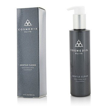 Gray bottle with a silver pump, labeled "Cosmedix Elite Gentle Clean Soothing Skin Cleanser," alongside a matching gray box, both designed for women, 150ml/5oz.
