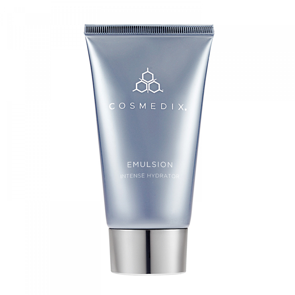 Silver and blue tube of Cosmedix Emulsion Intense Hydrator, 60g/2oz, featuring a sleek design with a silver cap and the brand logo prominently displayed.