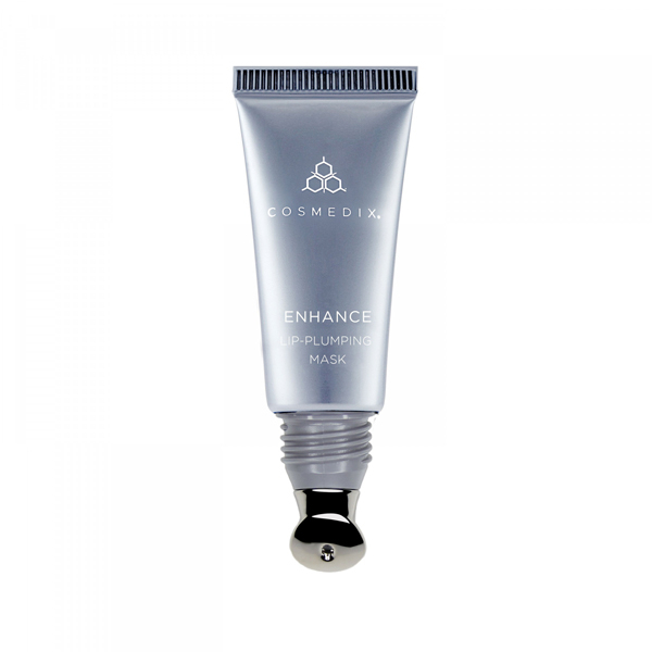 Silver tube of Cosmedix Enhance Lip-Plumping Mask, 10ml, featuring a sleek design and a metallic applicator tip for easy use.