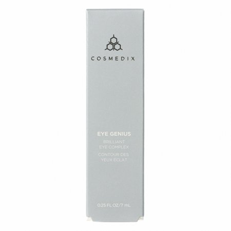 Gray box packaging for COSMEDIX Eye Genius Brilliant Eye Complex, featuring a minimalist design with the brand logo and product name in black text.