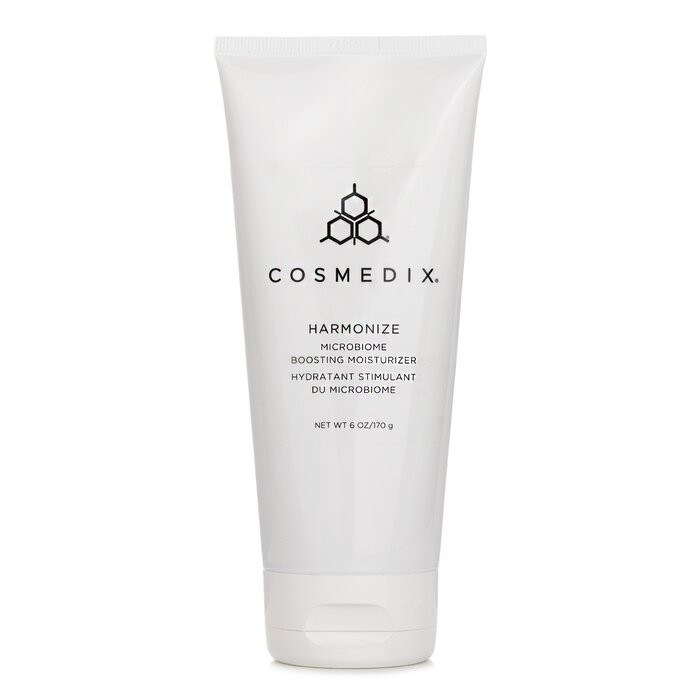 White tube with a flip-top cap, featuring the text "COSMEDIX" and "HARMONIZE Microbiome Boosting Moisturizer" in sleek black font, 170g size indicated on the label.