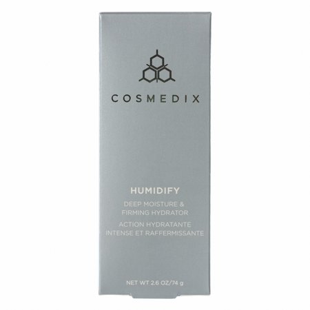 Silver box packaging for Cosmedix Humidify Deep Moisture Cream, featuring black text and a logo, labeled as a hydrating and firming moisturizer for women, 74g/2.6oz.