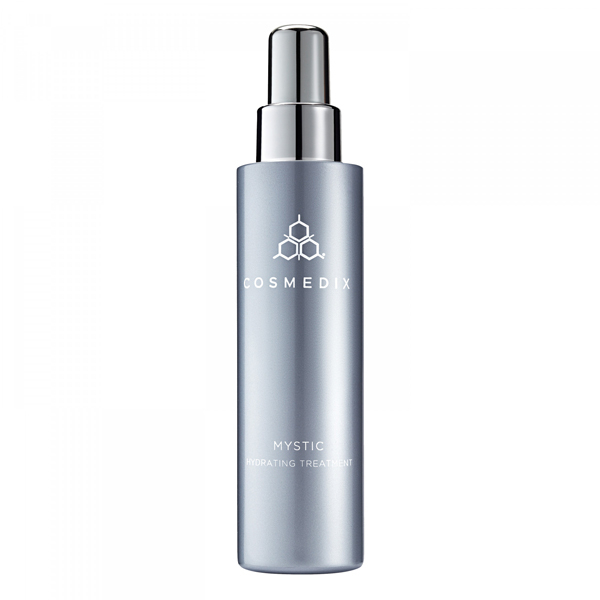 Silver cylindrical bottle with a sleek design, featuring a pump nozzle, labeled "COSMEDIX MYSTIC HYDRATING TREATMENT" in white text, 150ml size for women.
