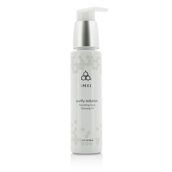 Clear plastic bottle with a silver pump dispenser, featuring a white label with the CosMedix logo and product name, containing 3.3 oz of nourishing deep cleansing oil for unisex use.