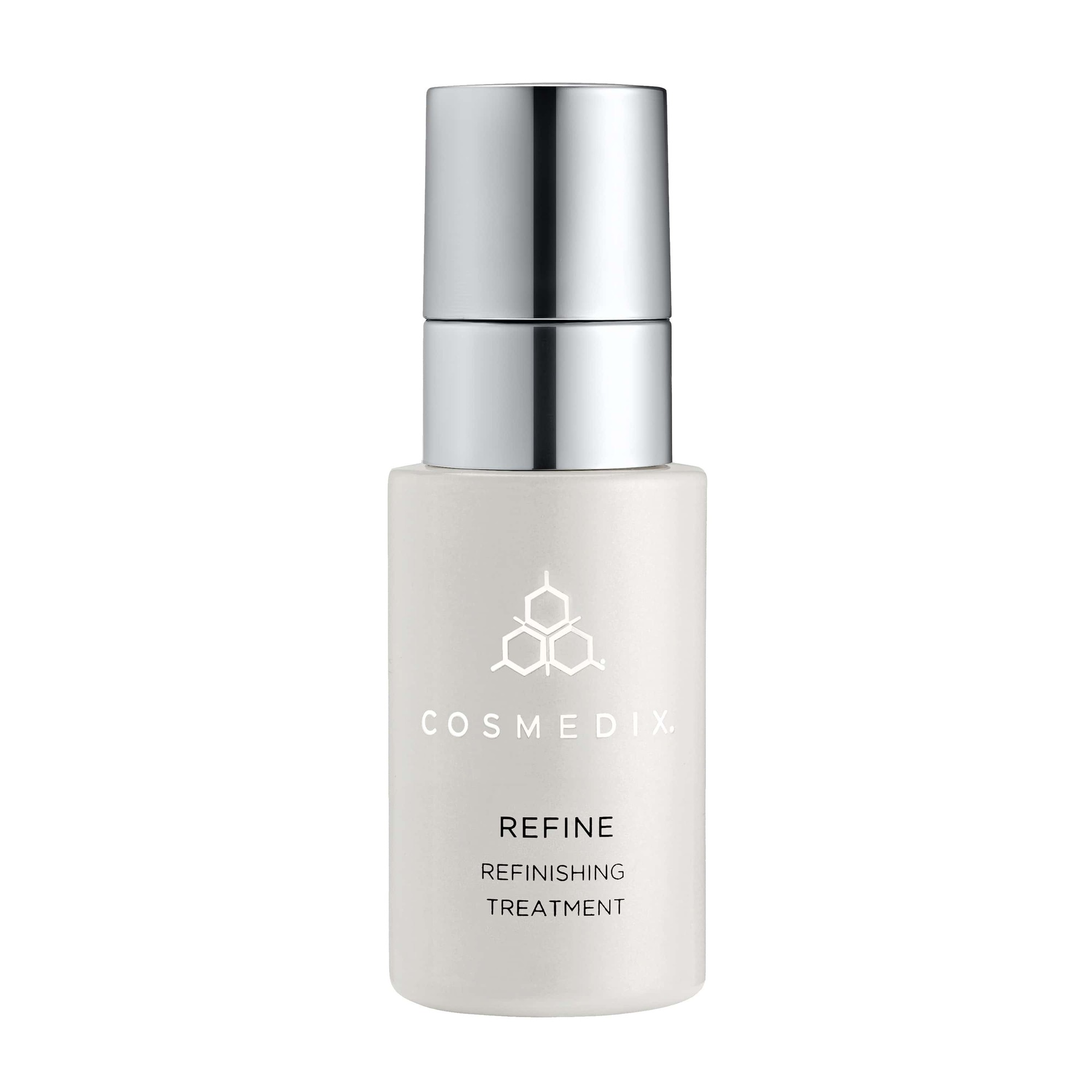 White glass bottle with a silver pump top, featuring the embossed logo "COSMEDIX" and the product name "Refine Refinishing Treatment" in elegant lettering.