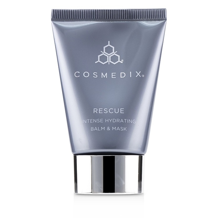 CosMedix Rescue Intense Hydrating Balm & Mask in a sleek gray tube with a silver cap, featuring a honeycomb logo and product name in bold lettering.
