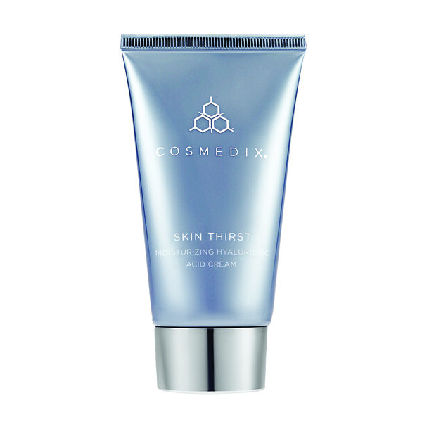 COSMEDIX Skin Thirst Moisturising Hyaluronic Acid Cream in a sleek, silver-blue tube with a silver cap, featuring a minimalist design and the brand logo prominently displayed.