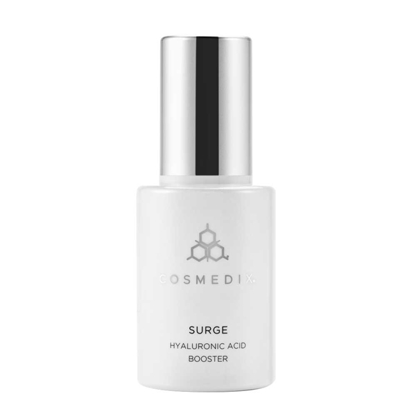 White glass bottle with a sleek silver cap, labeled "COSMEDIX Surge Hyaluronic Acid Booster" in elegant black font, featuring a minimalist design.