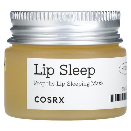 A small, round jar with a silver screw-top lid, containing a golden-yellow lip sleeping mask labeled "Lip Sleep" and "Propolis Lip Sleeping Mask" by COSRX, 20g.