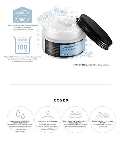 White cream in a clear jar with a black lid, labeled "Hyaluronic Acid Intensive Cream 100ml" by COSRX, featuring key benefits and ingredients on the packaging.