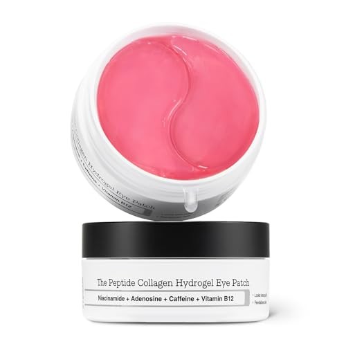 Cosrx Peptide Collagen Hydrogel Eye Patch jar with a black lid, featuring a pink gel eye patch inside, highlighting key ingredients like niacinamide and caffeine.