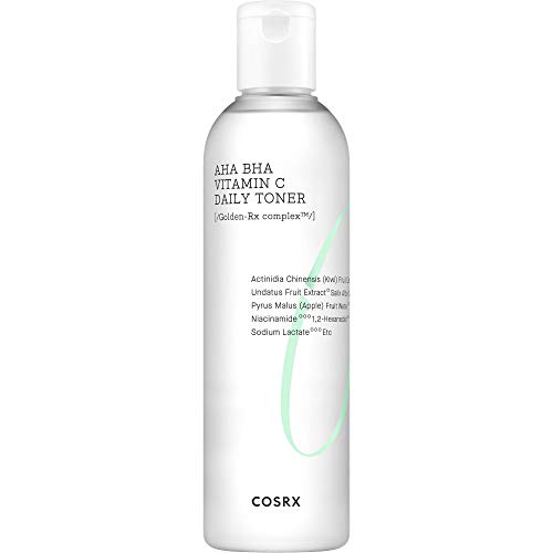 Clear plastic bottle of COSRX Refresh ABC Daily Toner, featuring a white label with black text, and a pump top, containing 280ml of liquid with a minimalist design.