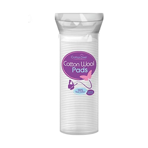 Clear cylindrical container holding 80 round, white cotton wool pads, labeled with a purple and pink design featuring "Cotton Tree" and "100% Pure Cotton."
