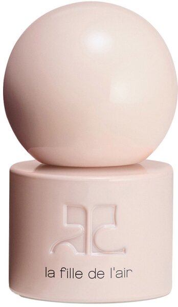 Light pink cylindrical bottle with a glossy round cap, featuring the embossed logo "la fille de l'air" in a minimalist design, representing Courreges' unisex Eau De Parfum.