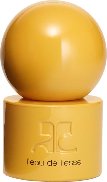 Bright yellow spherical bottle with a glossy finish, featuring the engraved logo "Courrèges" and the name "L'Eau De Liesse" on the base, designed for a 30ml Eau De Parfum spray.