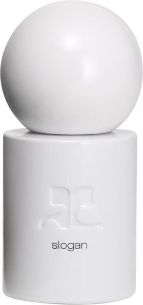 White cylindrical bottle with a glossy round cap, featuring the word "slogan" embossed on the front, representing Courrèges Slogan Eau De Parfum Unisex 50 ml.