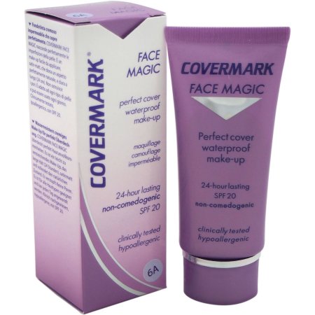 Purple tube of Covermark Face Magic N. 6A cream foundation with a white cap, featuring a box with product details, emphasizing waterproof, non-comedogenic, and SPF 20 properties.